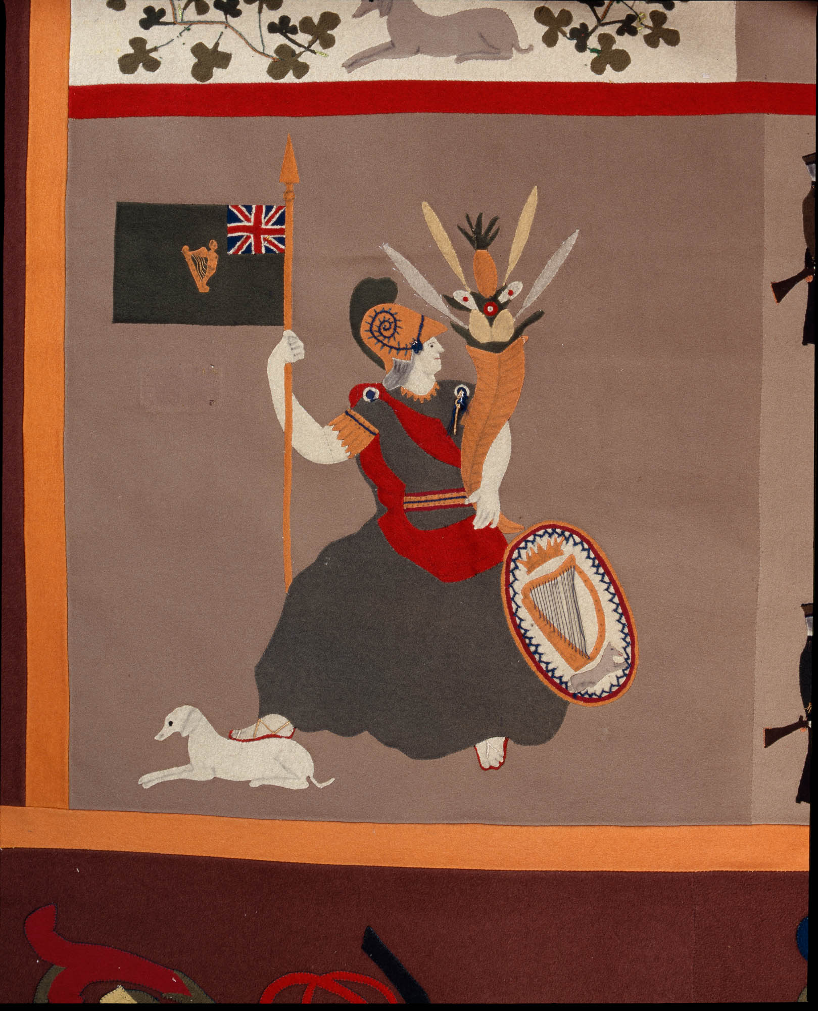 Textile with woman holding cornucopia, shield, and flag