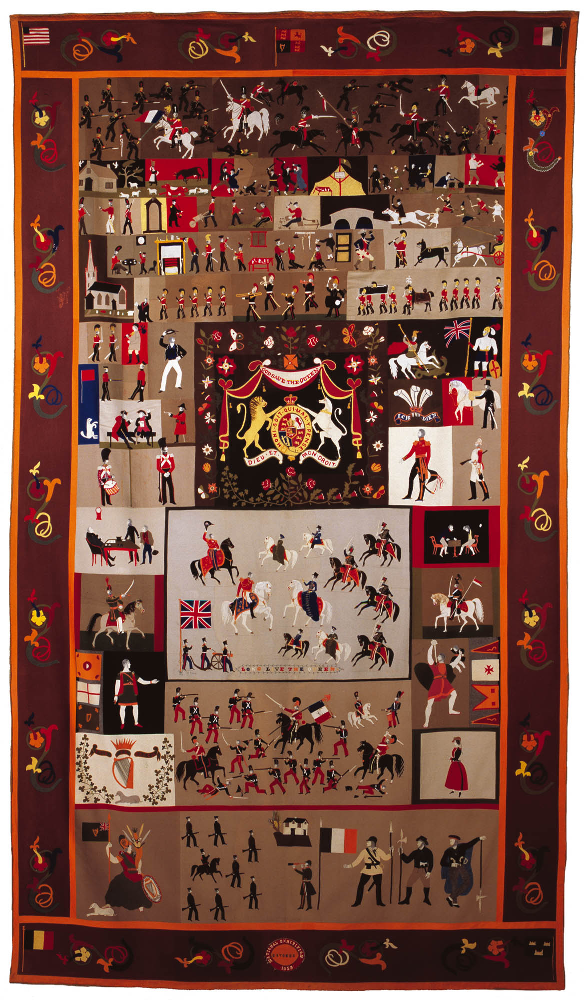 Stokes Tapestry is a textile with 31 panels containing 250 figures of soldiers with horses, buildings and symbols.