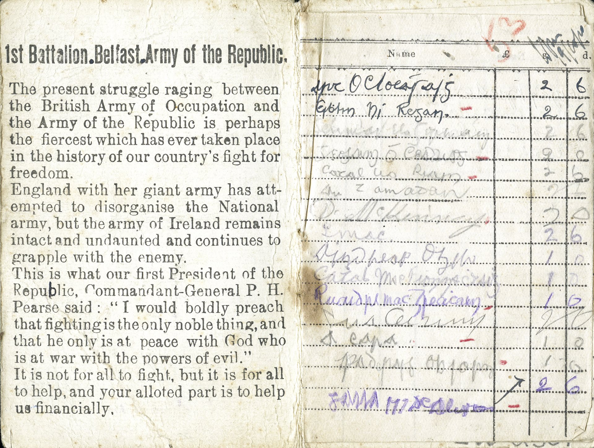 Collection booklet, 1st Battalion, Belfast IRA, 1920