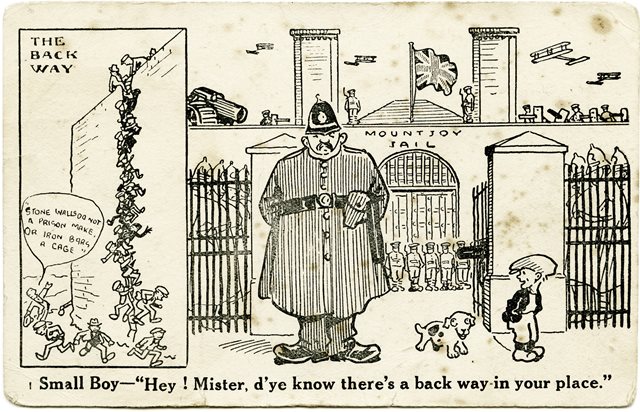 Cartoon postcard, Mountjoy Prison escape, 1919