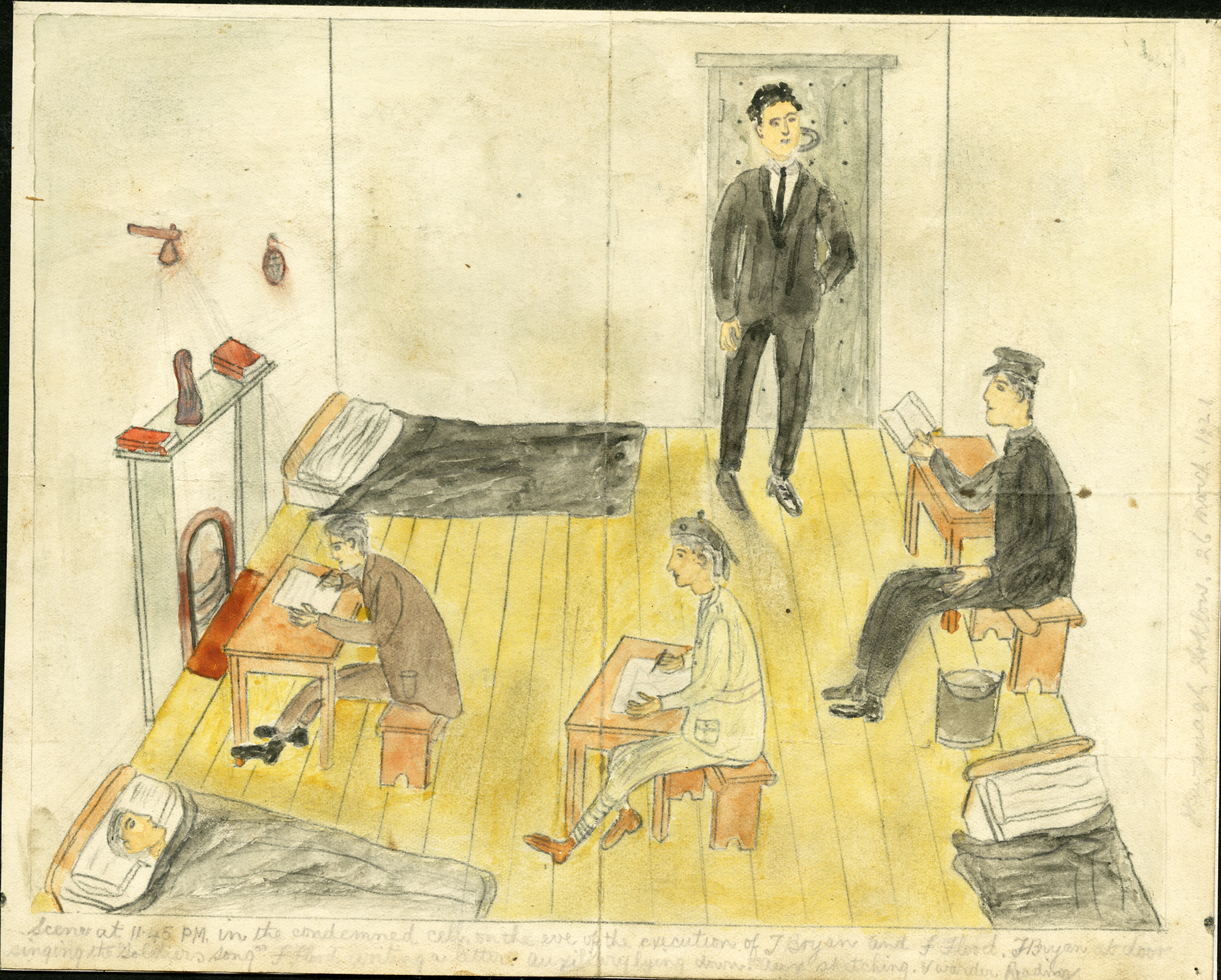 Scene at 11:45 p.m. in the condemned cell on the eve of the execution of Thomas Bryan and Frank Flood, 1921