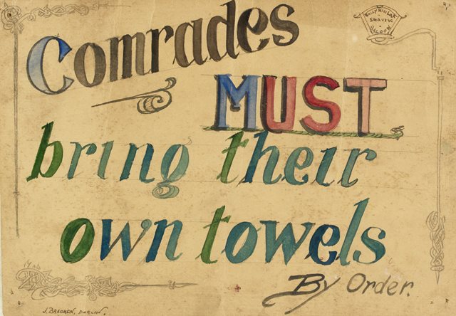 ‘Comrades must bring their own towels, by order’. Ballykinlar Shaving Saloon, 1921