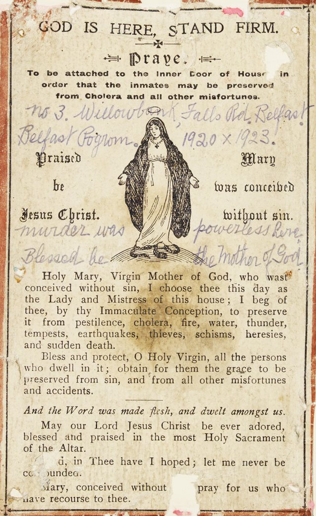 Prayer card, Falls Road, Belfast Pogroms, 1920-1922