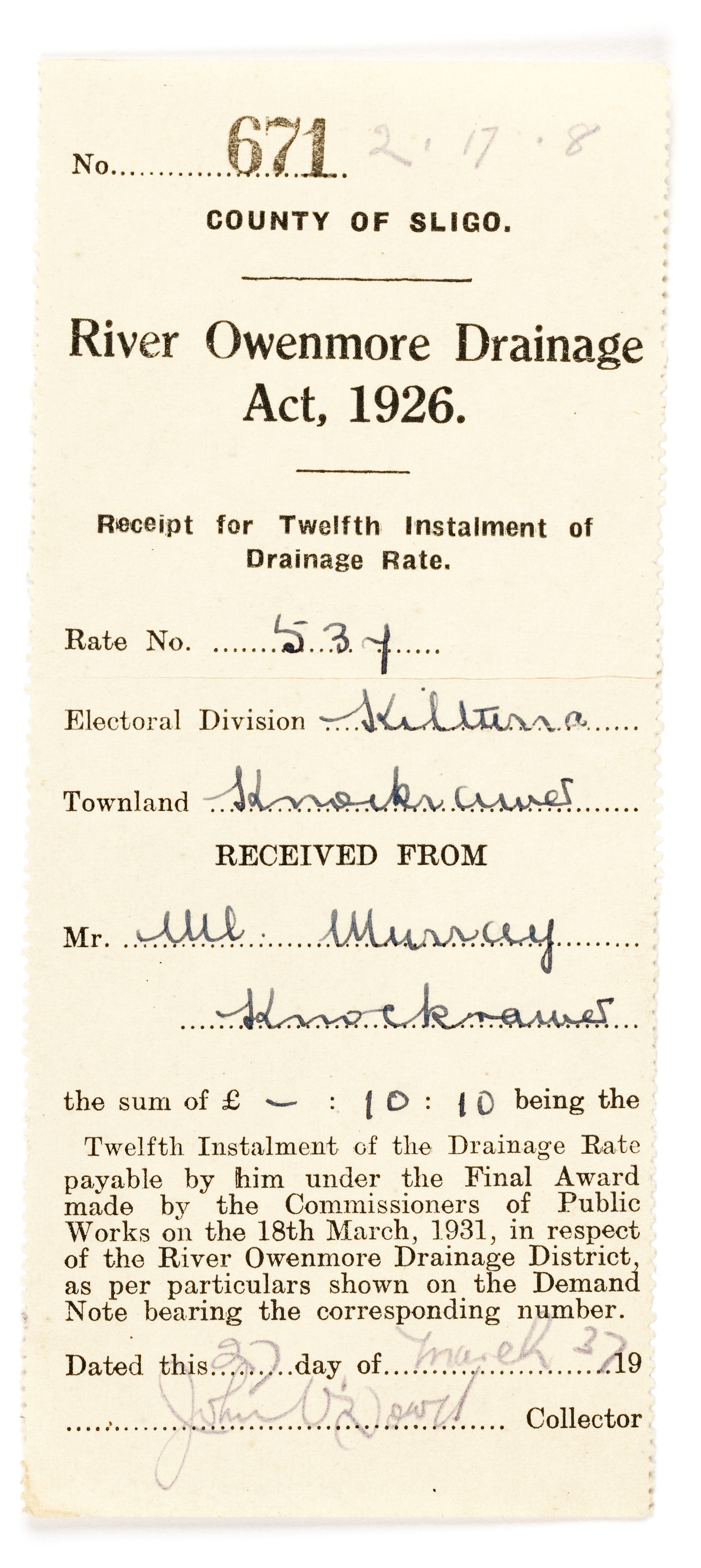 Drainage rate receipt