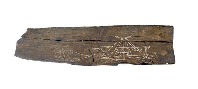 Wooden plank with Viking Ship and Weathervane graffiti