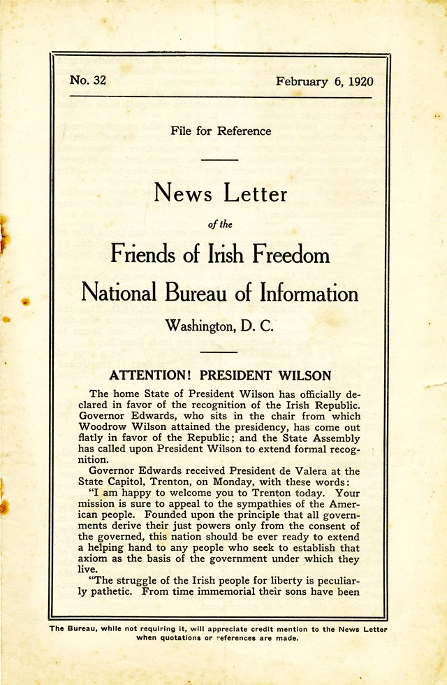 Newsletter of the Friends of Irish Freedom, National Bureau of Information, Washington, 1920