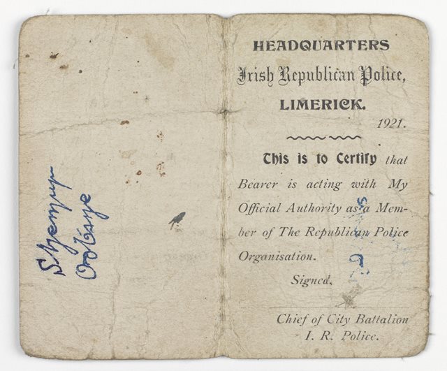 Irish Republican Police membership card, Limerick, 1921